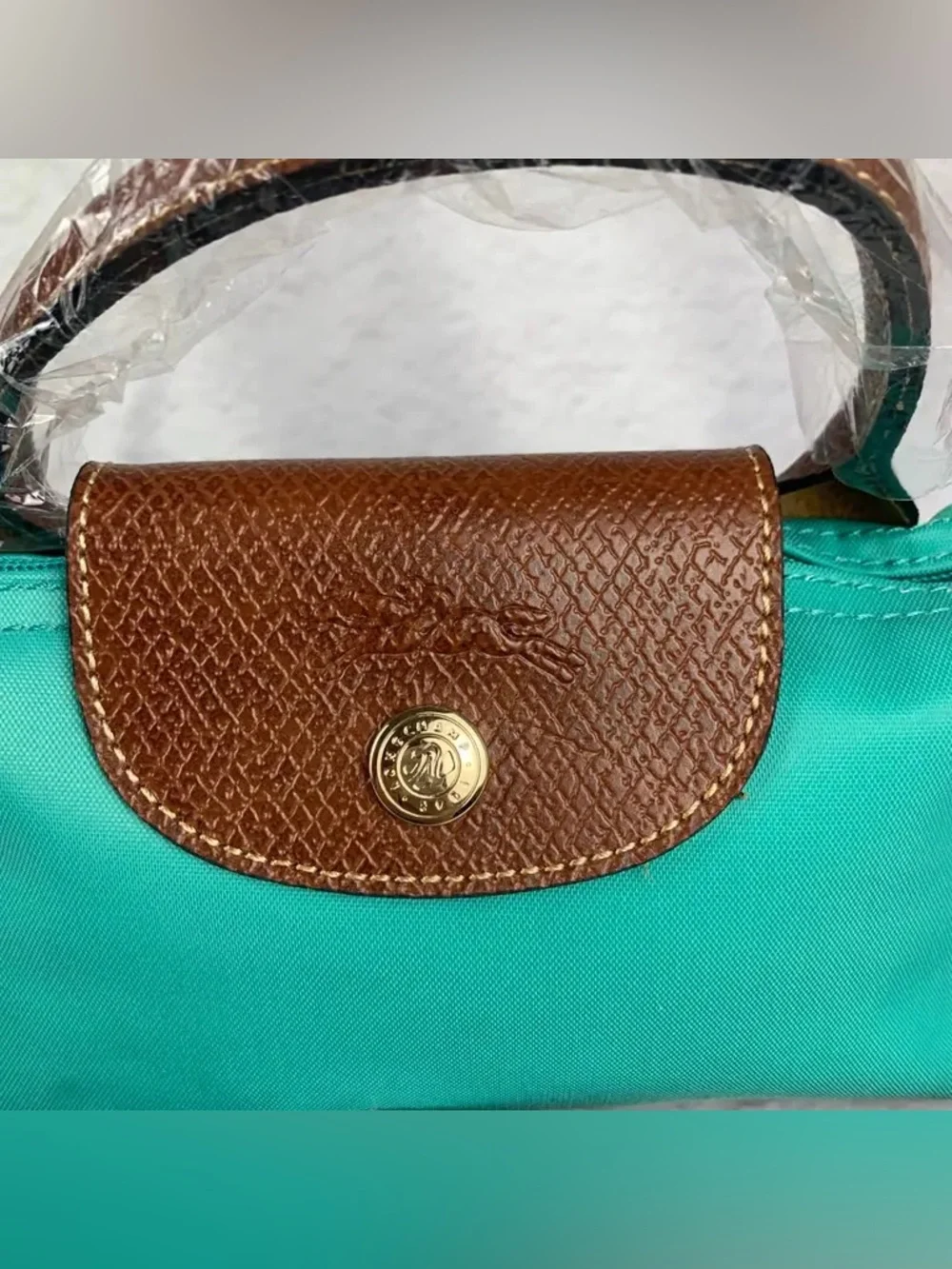 Longchamp Small Top-Handle Mini Bag in Teal with Brown Trim - Picture 4 of 5